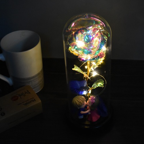 Beauty and the beast eternal enchanted rose flower in a glass jar with golden LED lightings for your loved one this Valentines Day